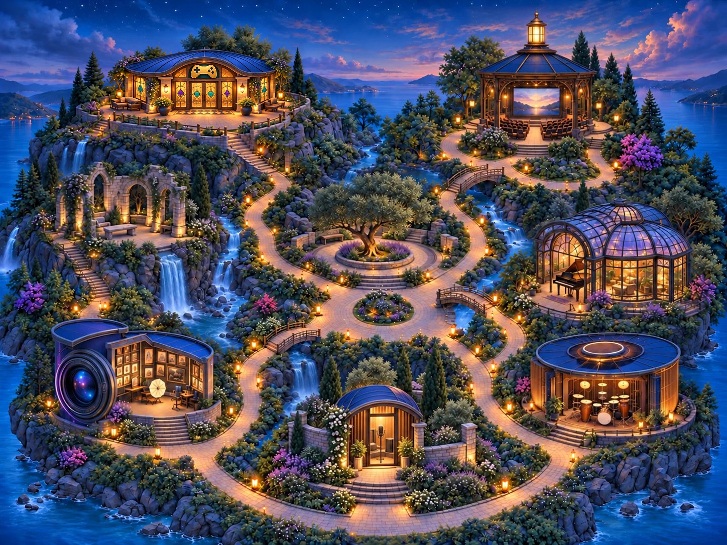 An illustrated island of interconnected creative learning destinations.