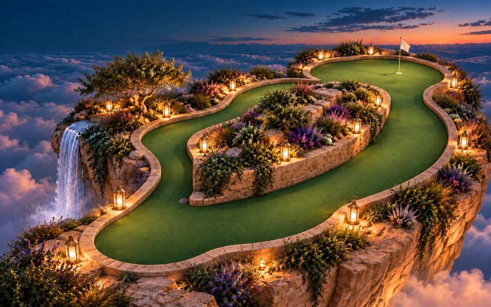 First Light: a lantern-lit mini-golf island with two curving routes around a planted stone bank.