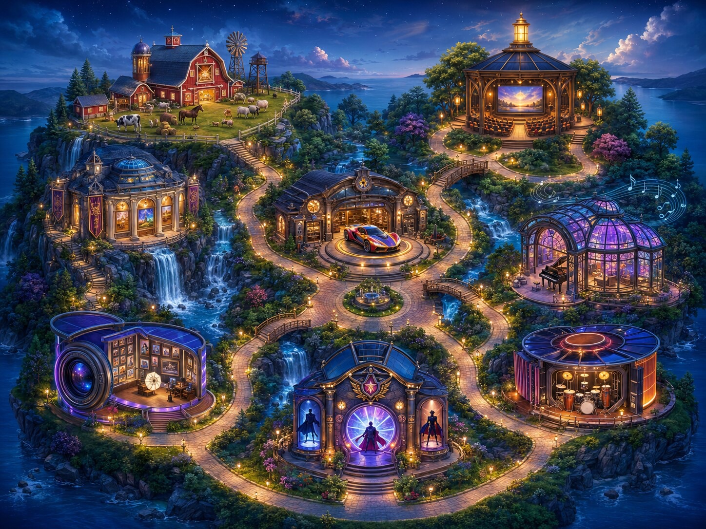 An illustrated island of interconnected creative learning destinations.