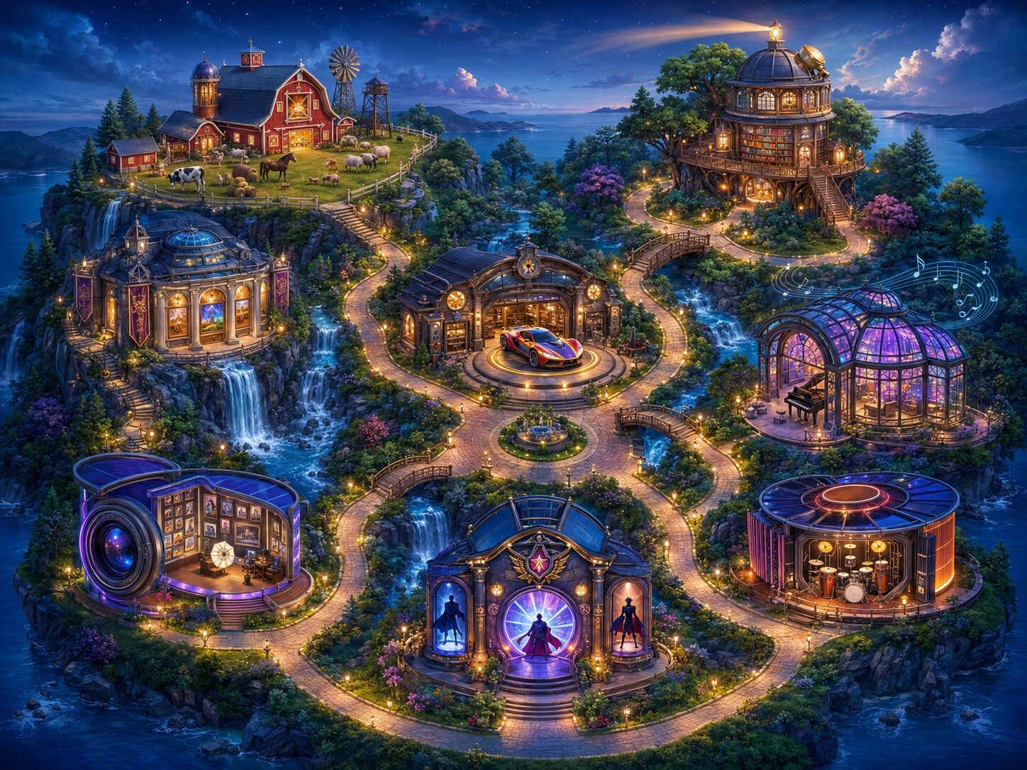 An illustrated island of interconnected creative learning destinations.